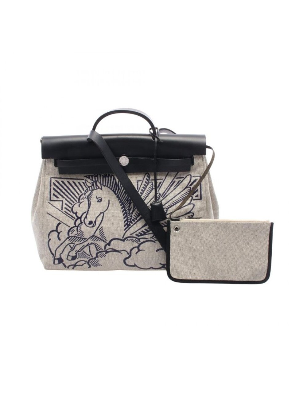 Hermes Handbag Herbag Zip MM Pegasus Pop Black Ecru Blue Indie Canvas Leather MM